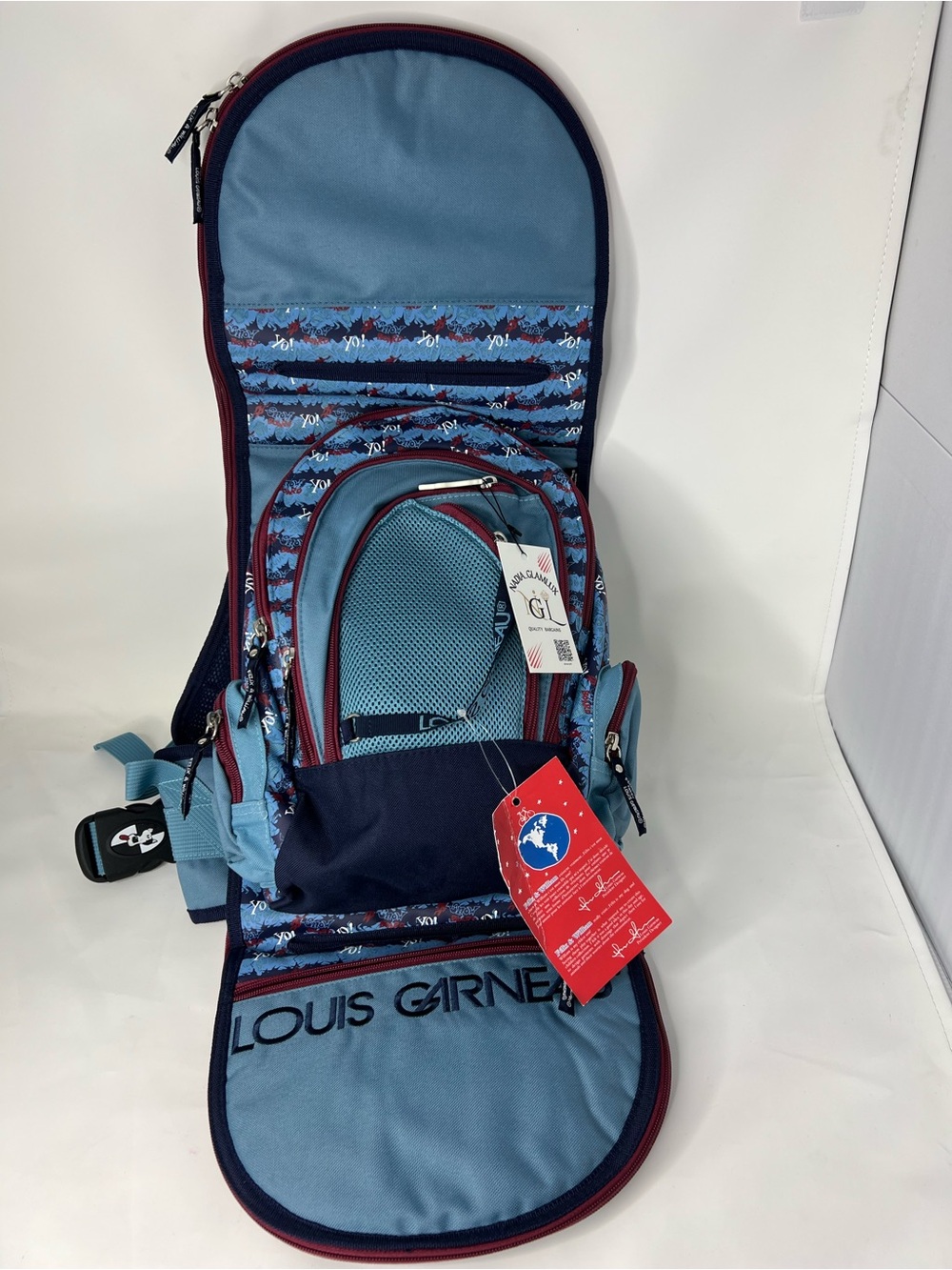 Louis Garneau Light Blue & Navy Backpack with Burgundy Trim